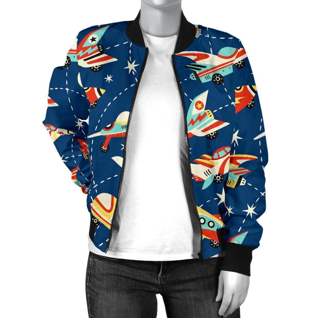 Pattern Airplane Print Women Casual Bomber Jacket-grizzshop