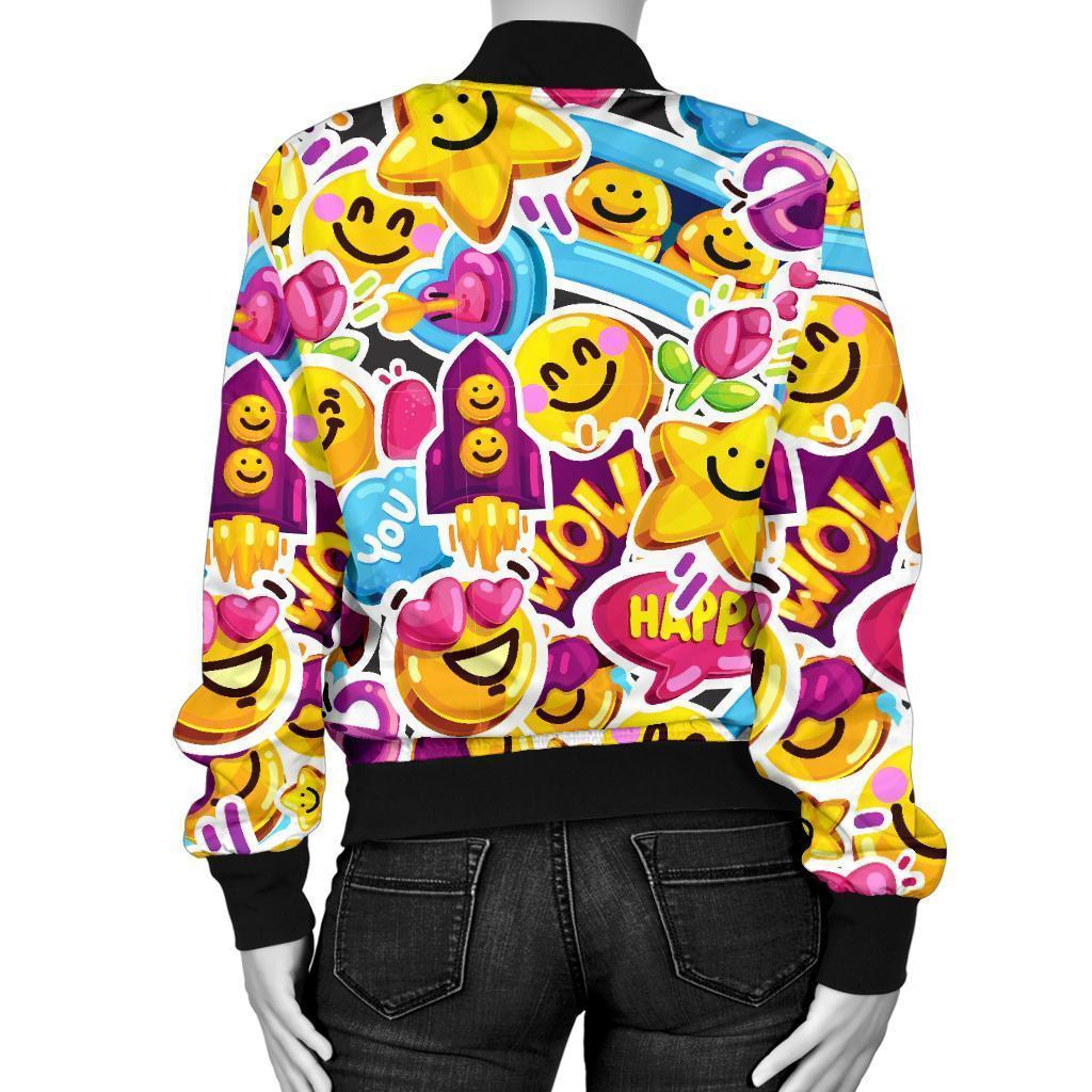 Pattern Print Emoji Women Casual Bomber Jacket-grizzshop