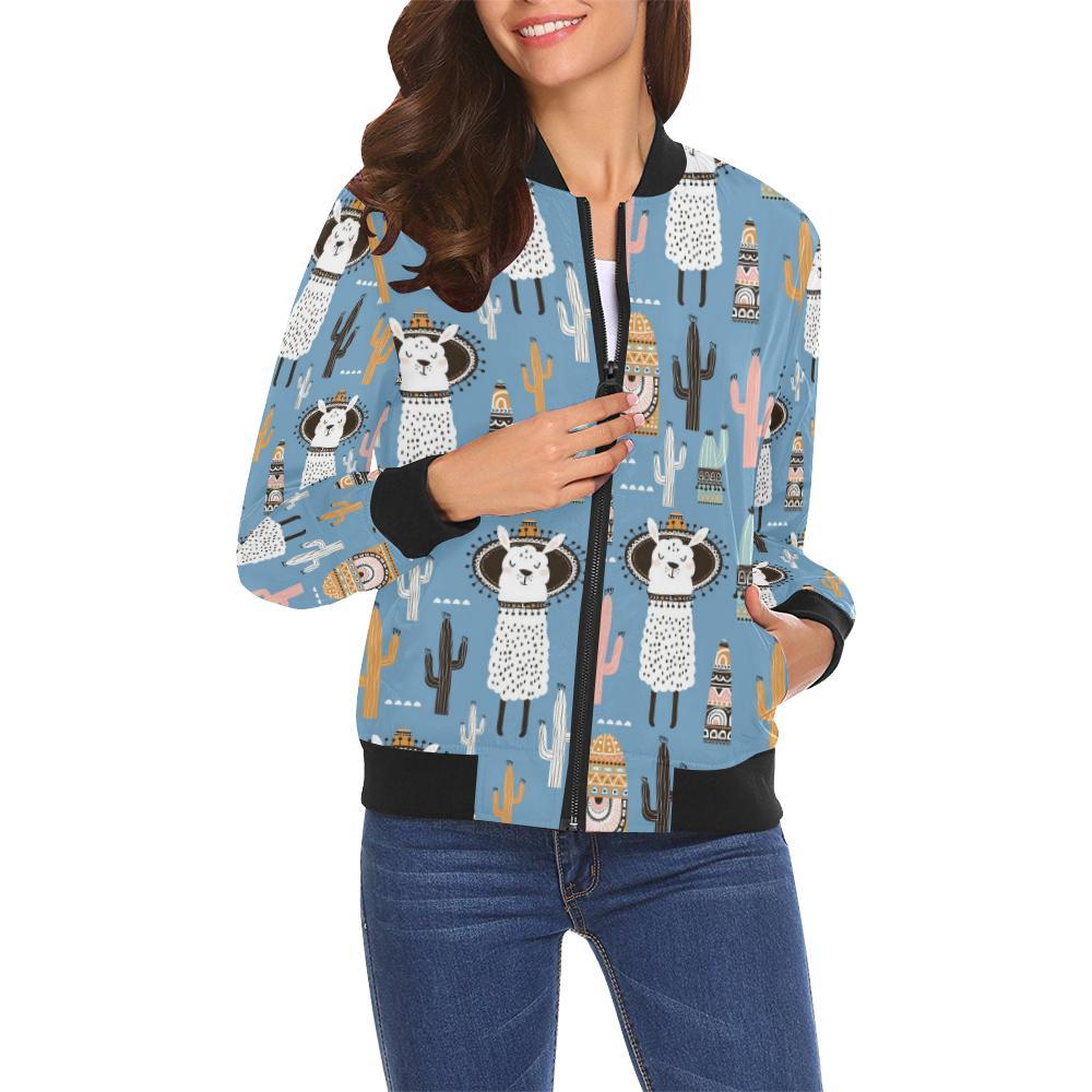 Pattern Print Llama Cactus Women Casual Bomber Jacket-grizzshop