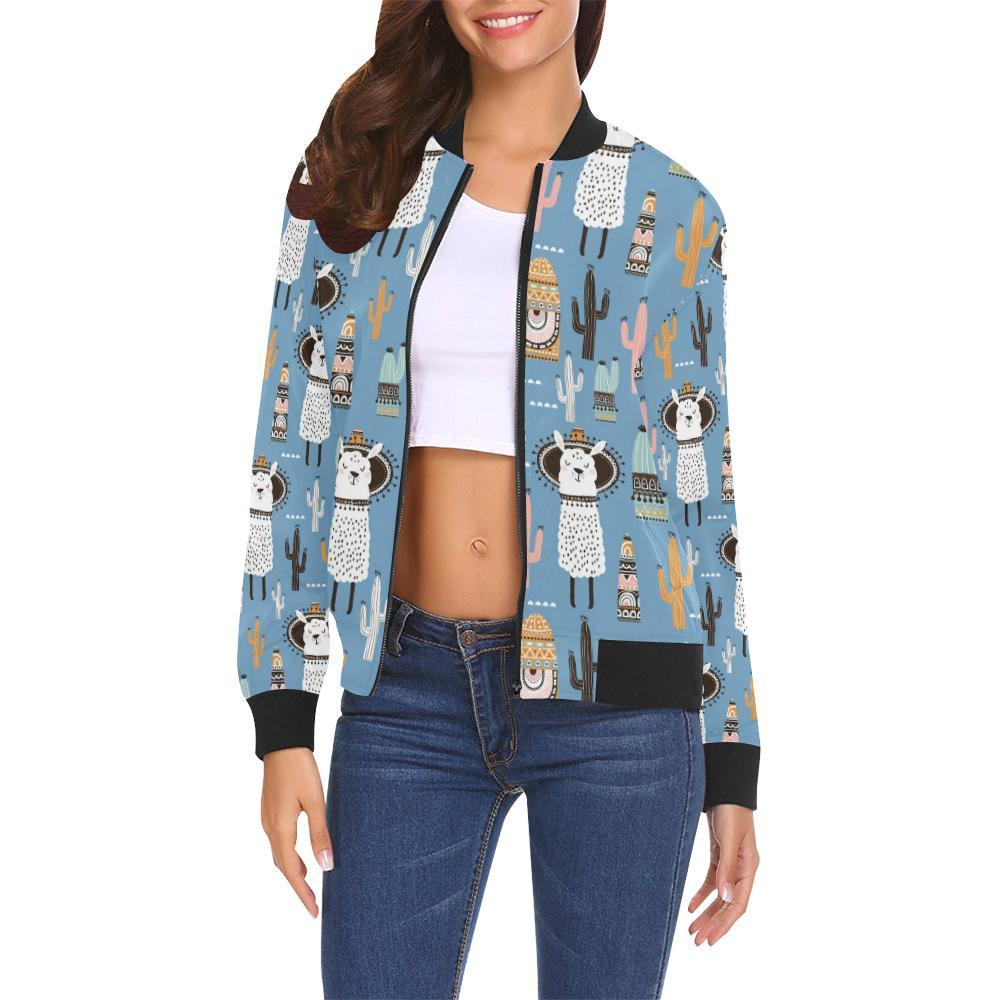 Pattern Print Llama Cactus Women Casual Bomber Jacket-grizzshop