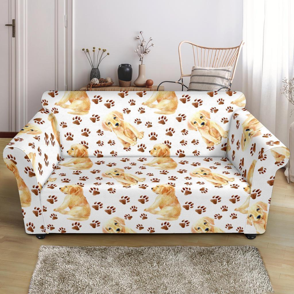 Paw Golden Retriever Pattern Print Loveseat Cover-grizzshop