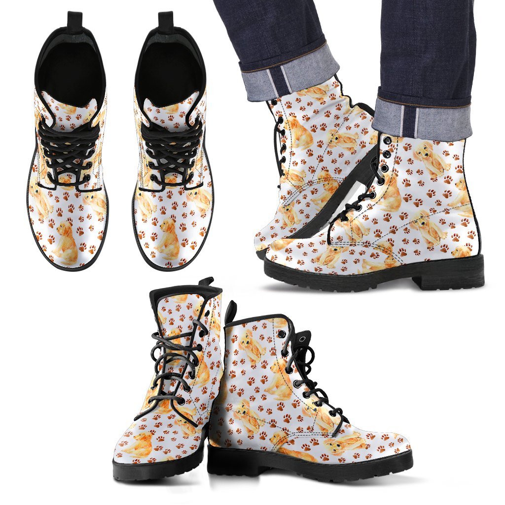 Paw Golden Retriever Pattern Print Men Women Leather Boots-grizzshop