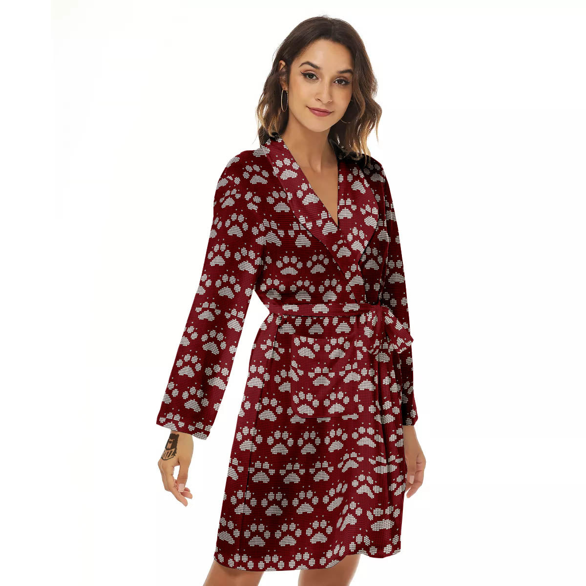 Paw Knitted Christmas Print Pattern Women's Robe-grizzshop