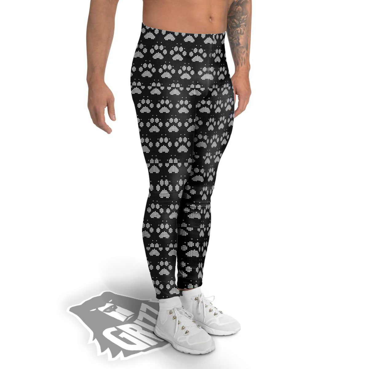 Paw Knitted White And Grey Print Pattern Men's Leggings-grizzshop