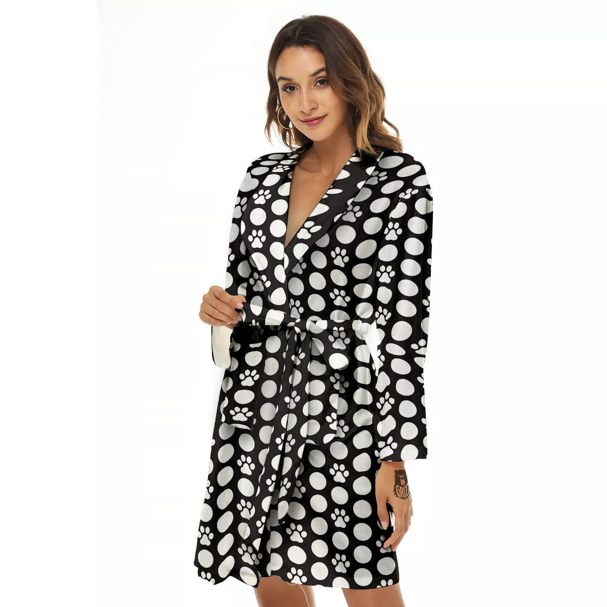 Paw Polka Dot White And Black And Print Women's Robe-grizzshop