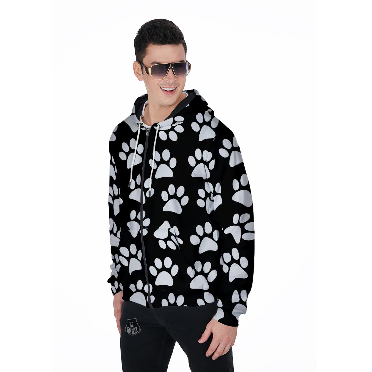 Paw Print Men's Zip Up Hoodie-grizzshop