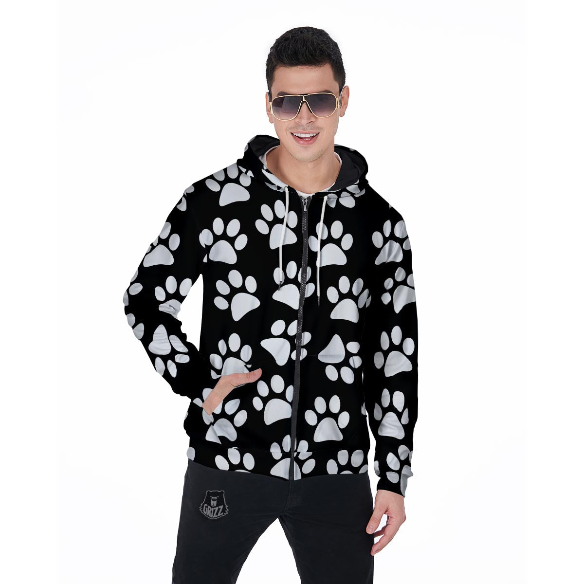 Paw Print Men's Zip Up Hoodie-grizzshop