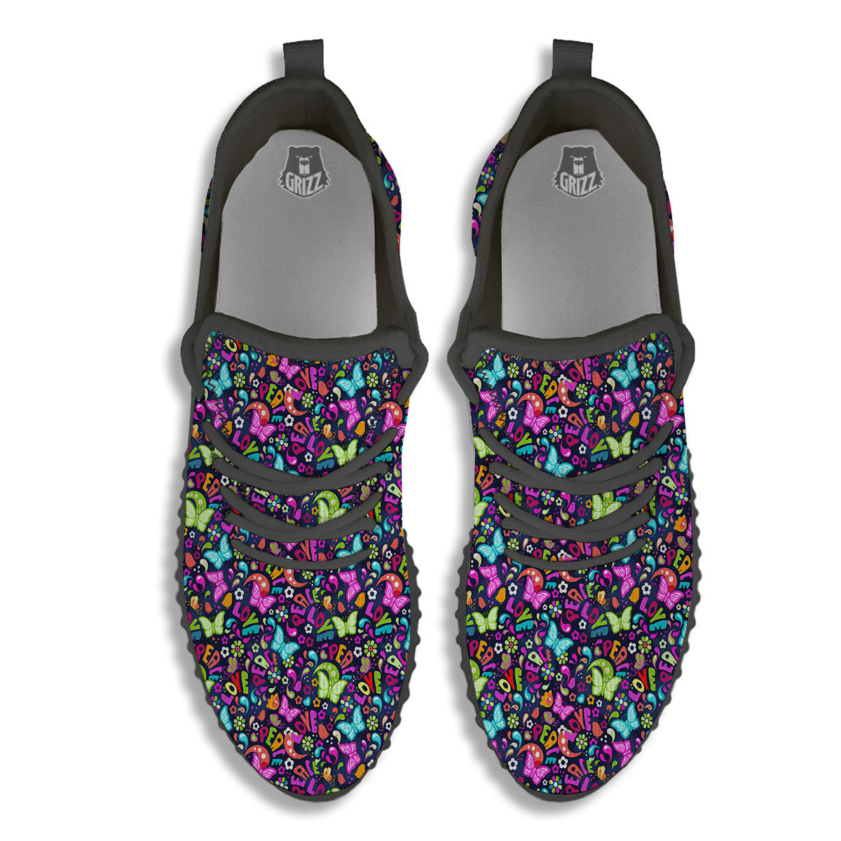 Peace Groovy Girly Print Pattern Black Walking Shoes-grizzshop
