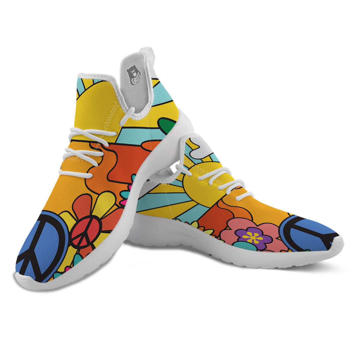 Peace Sign Hippie Flower Print White Athletic Shoes-grizzshop