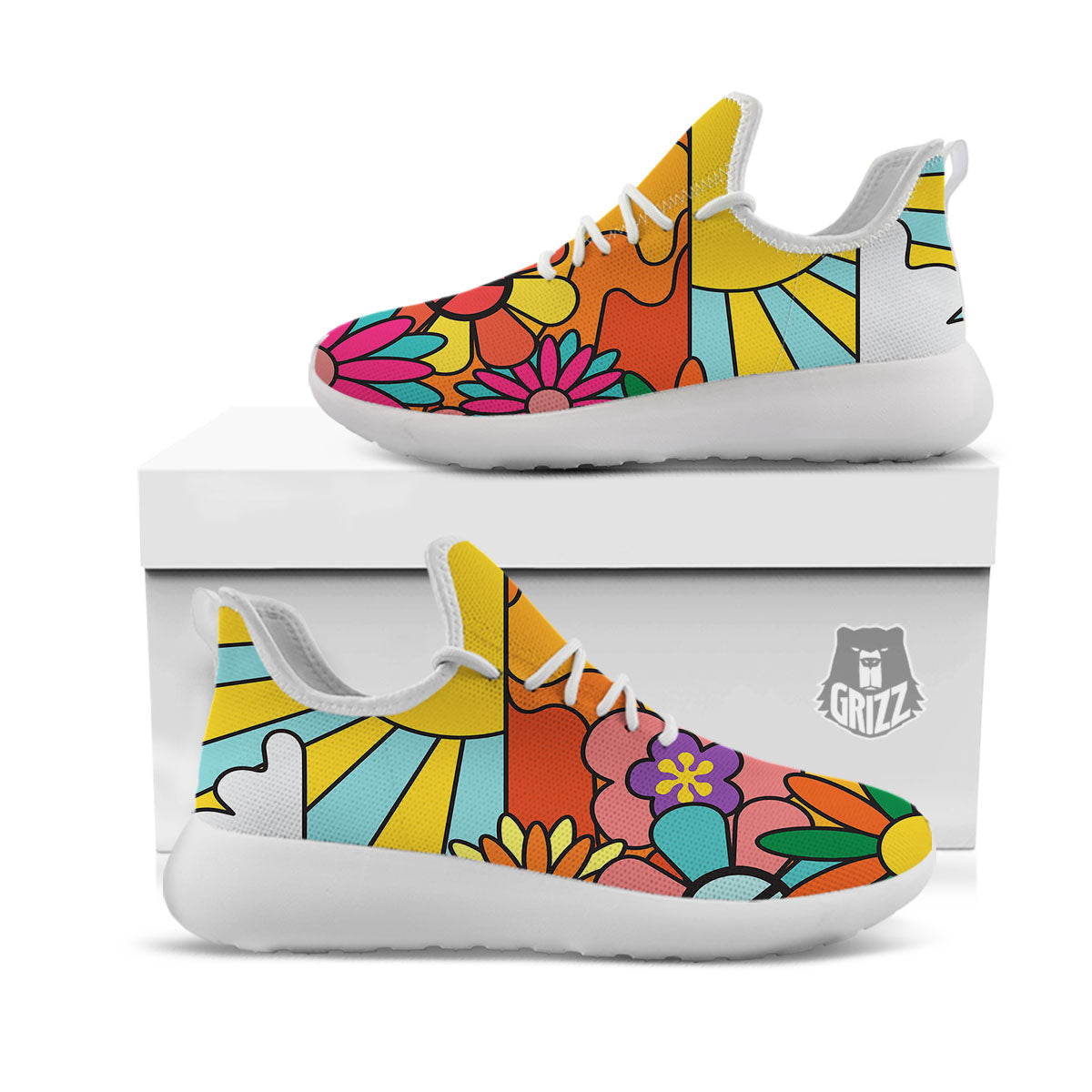 Peace Sign Hippie Flower Print White Athletic Shoes-grizzshop