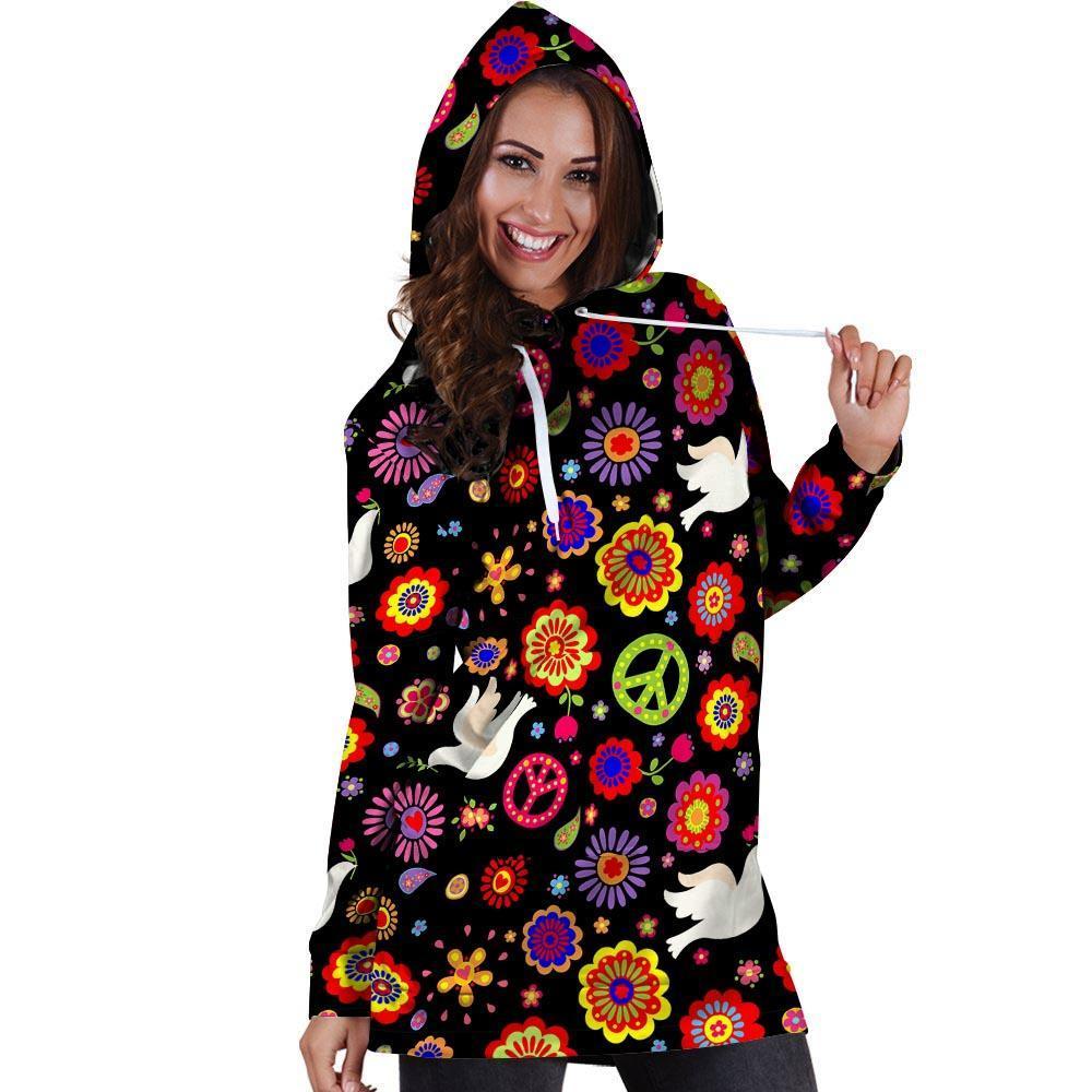 Peace Sign Hippie Hoodie Dress-grizzshop