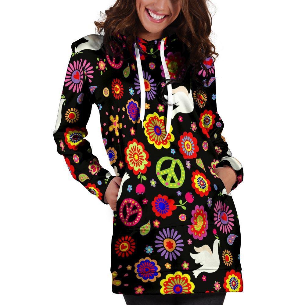 Peace Sign Hippie Hoodie Dress-grizzshop