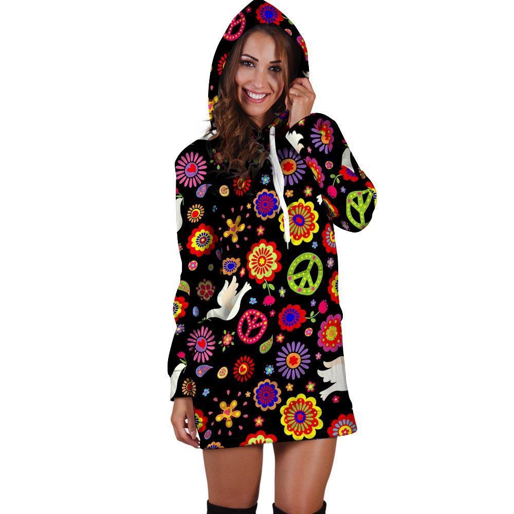 Peace Sign Hippie Hoodie Dress-grizzshop