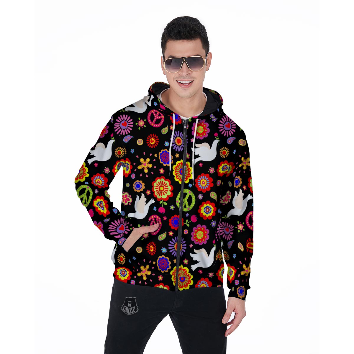 Peace Sign Hippie Men's Zip Up Hoodie-grizzshop