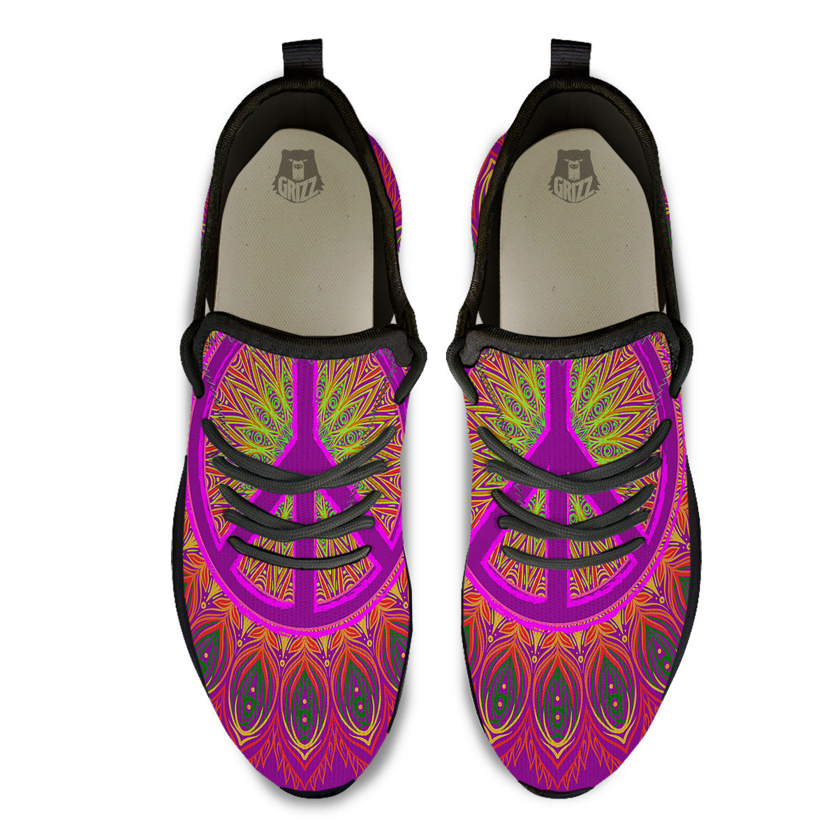 Peace Sign Psychedelic Hippie Print Black Athletic Shoes-grizzshop