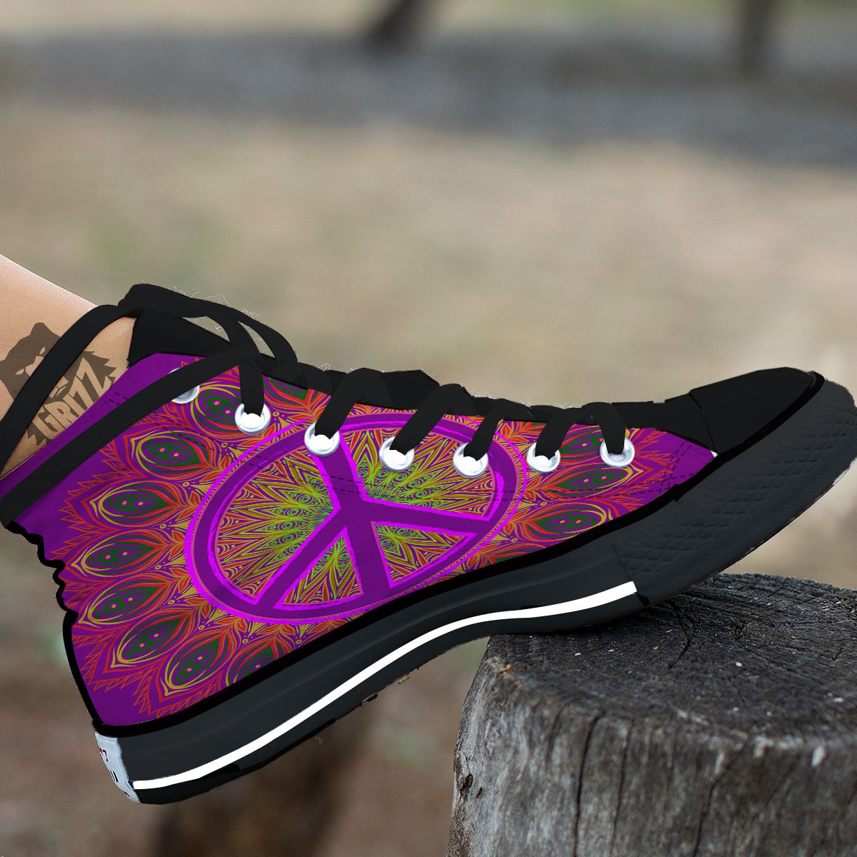 Peace Sign Psychedelic Hippie Print Black High Top Shoes-grizzshop