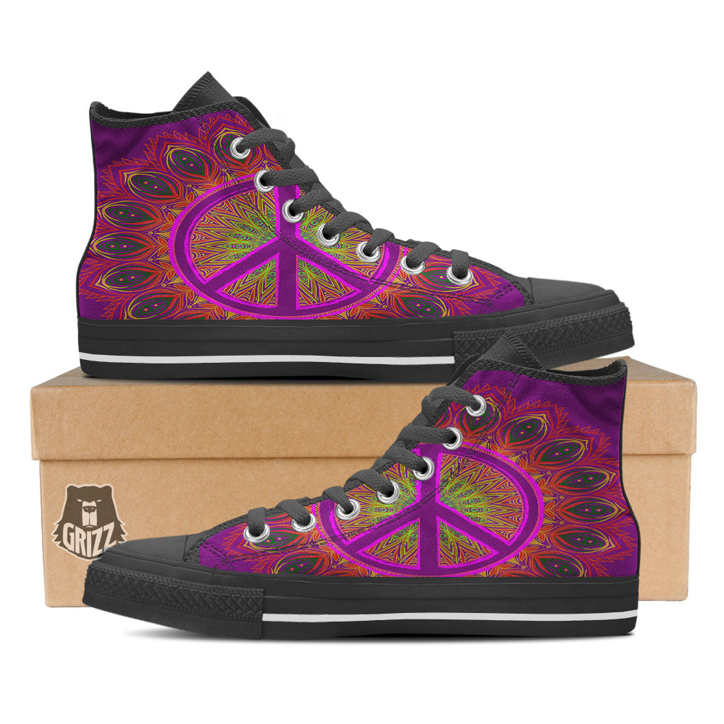 Peace Sign Psychedelic Hippie Print Black High Top Shoes-grizzshop
