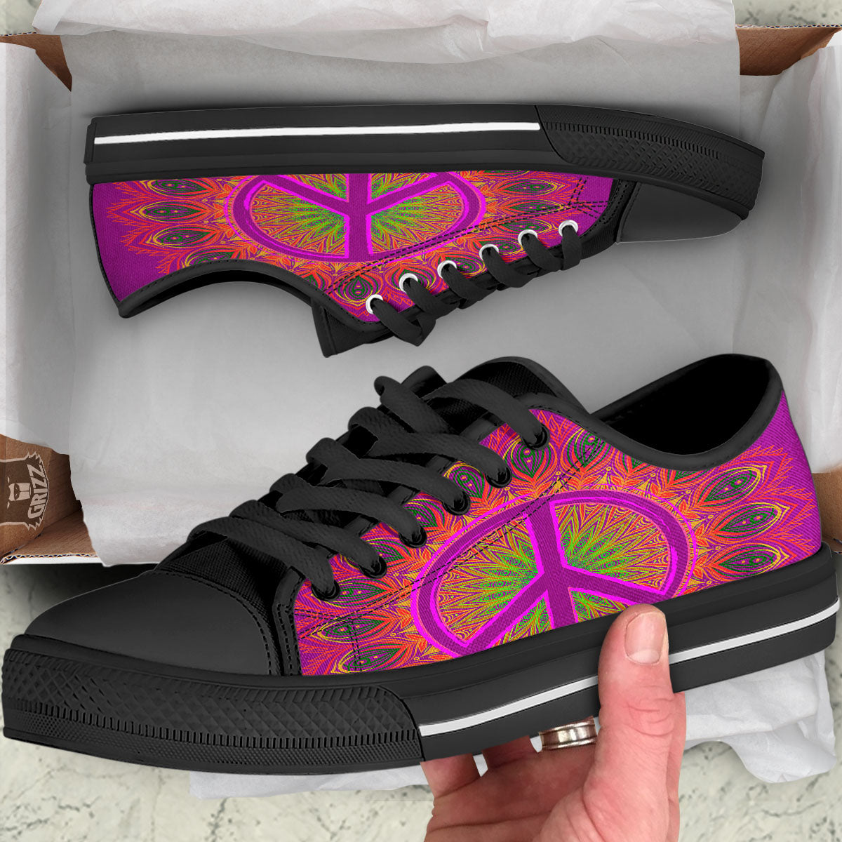 Peace Sign Psychedelic Hippie Print Black Low Top Shoes-grizzshop