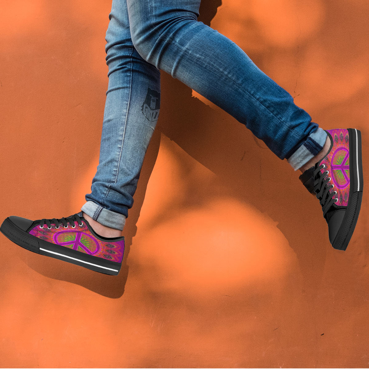 Peace Sign Psychedelic Hippie Print Black Low Top Shoes-grizzshop