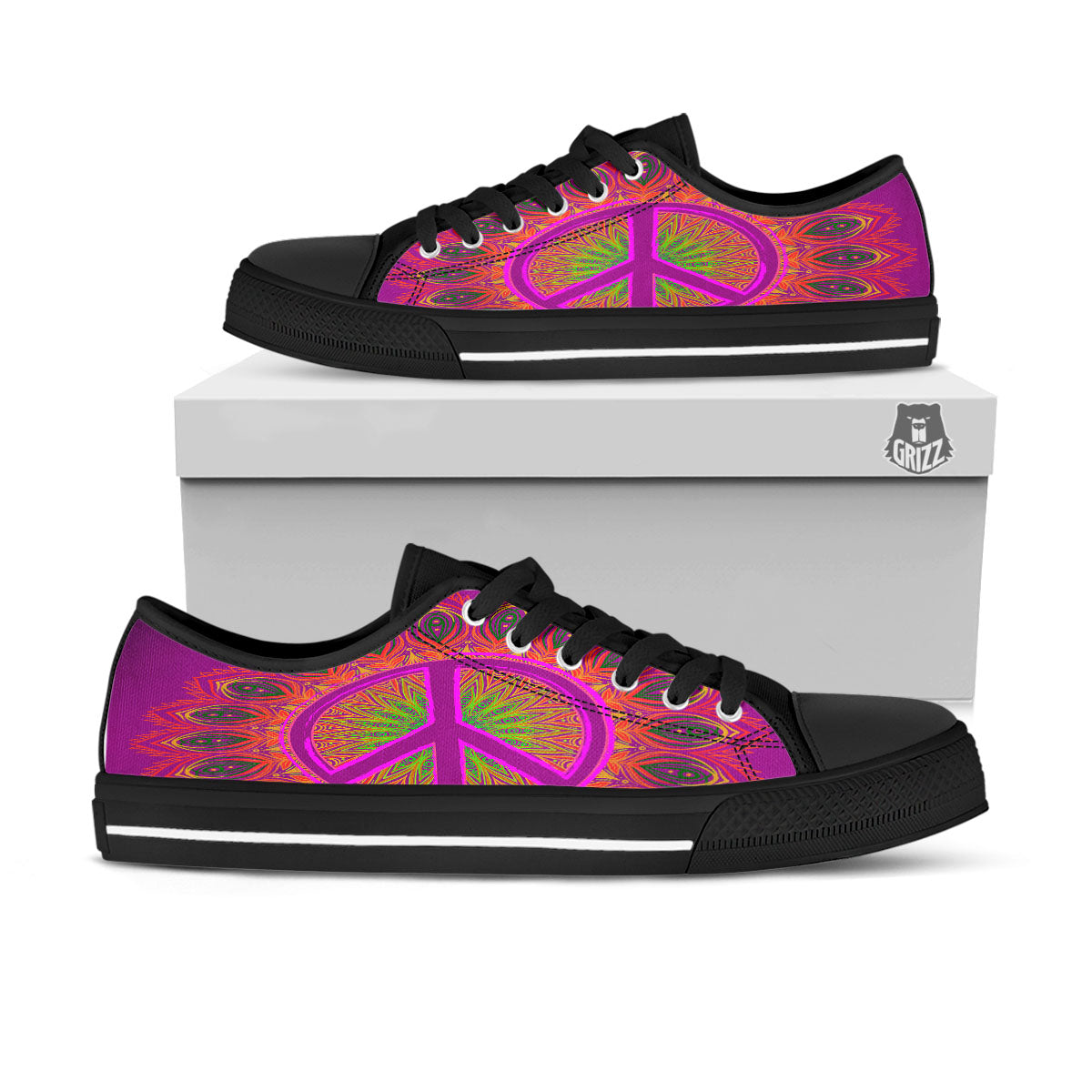 Peace Sign Psychedelic Hippie Print Black Low Top Shoes-grizzshop