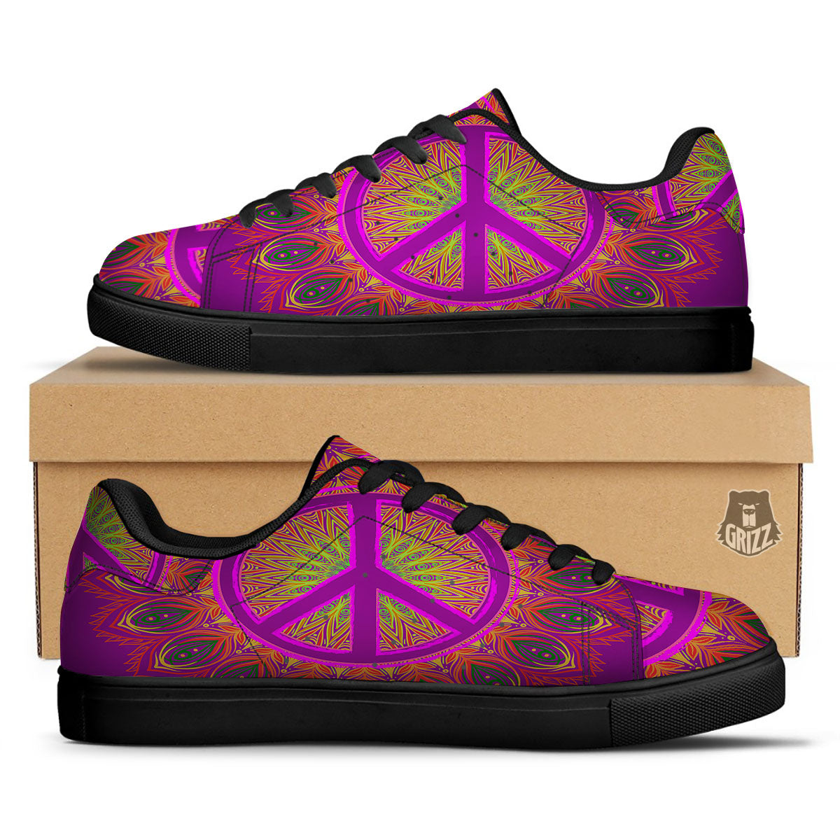 Peace Sign Psychedelic Hippie Print Black Low Top Sneakers-grizzshop