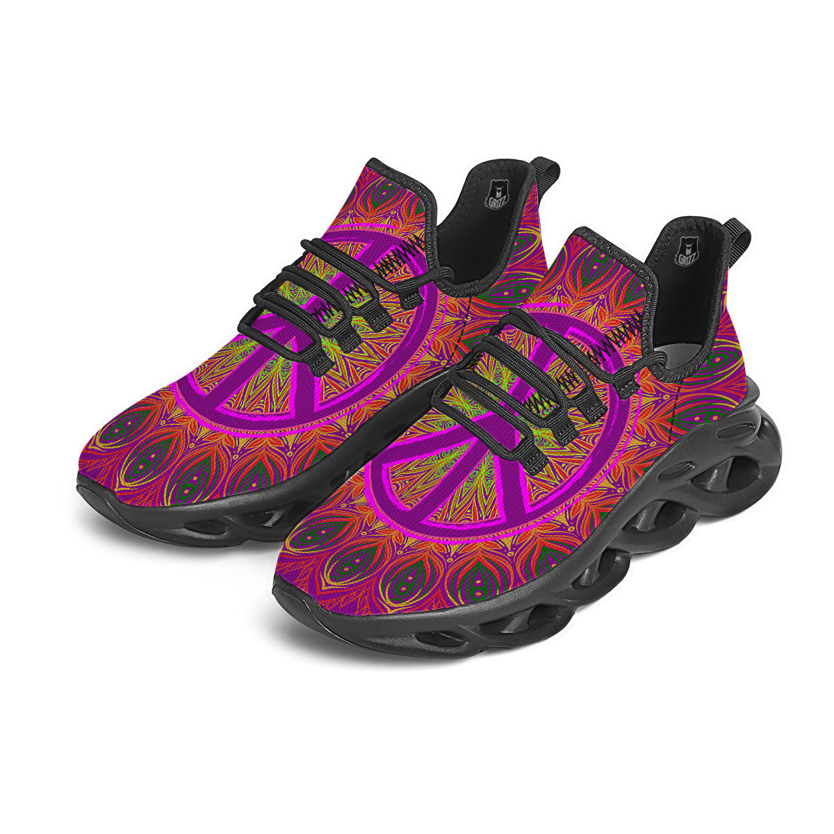 Peace Sign Psychedelic Hippie Print Black Running Shoes-grizzshop