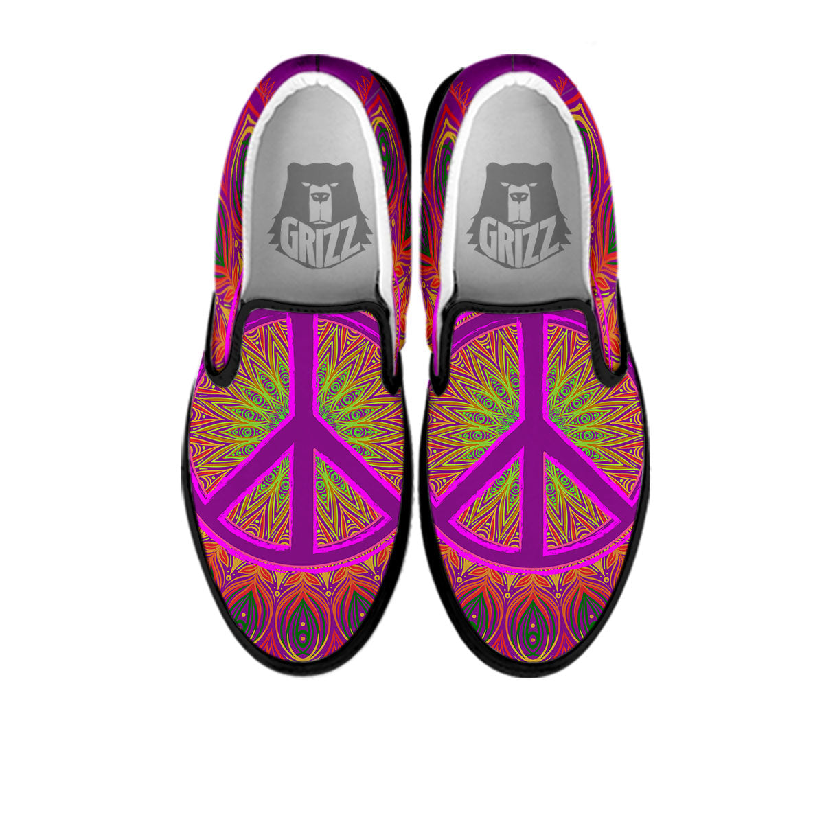 Peace Sign Psychedelic Hippie Print Black Slip On Shoes-grizzshop