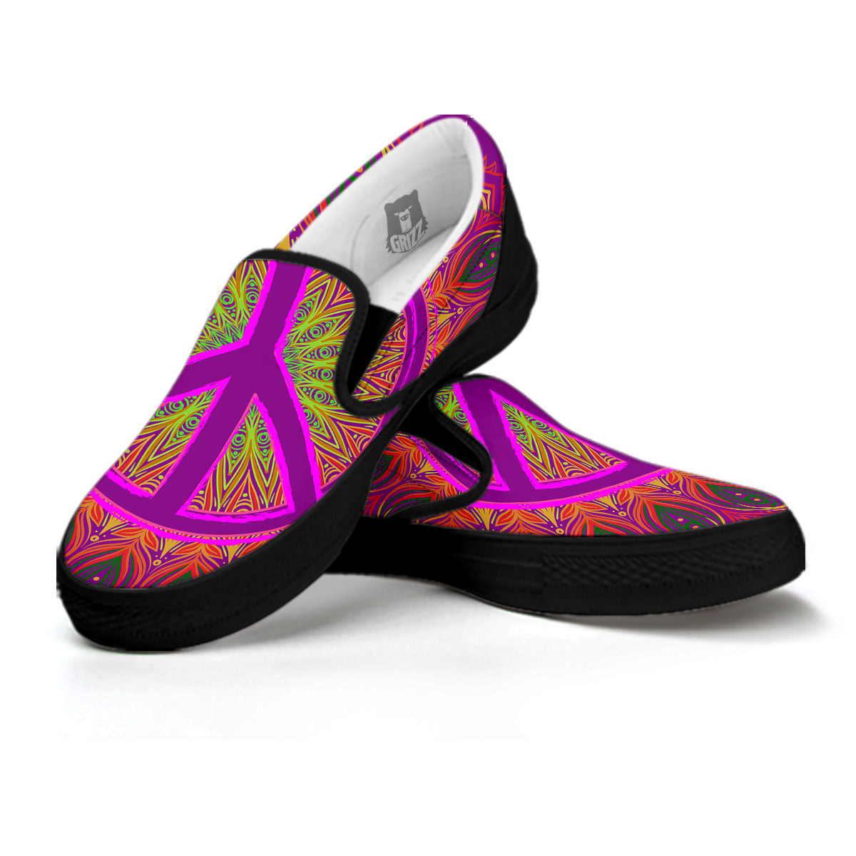 Peace Sign Psychedelic Hippie Print Black Slip On Shoes-grizzshop