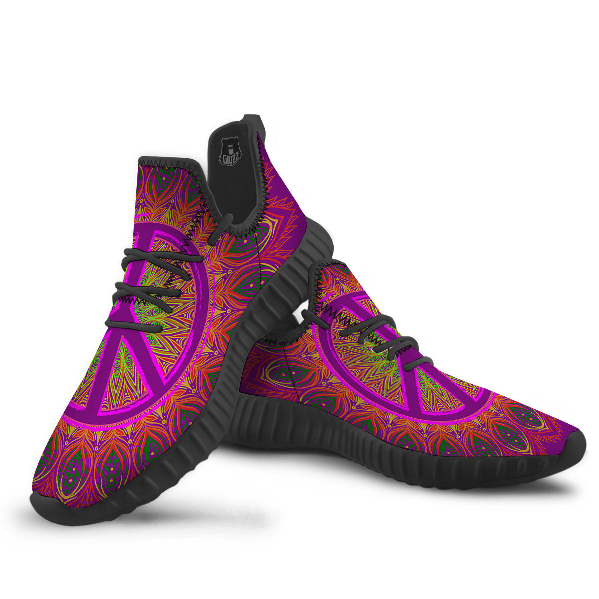 Peace Sign Psychedelic Hippie Print Black Walking Shoes-grizzshop