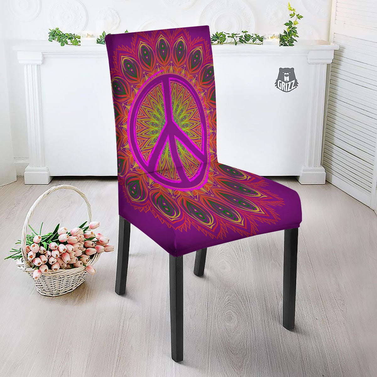 Peace Sign Psychedelic Hippie Print Dining Chair Slipcover-grizzshop