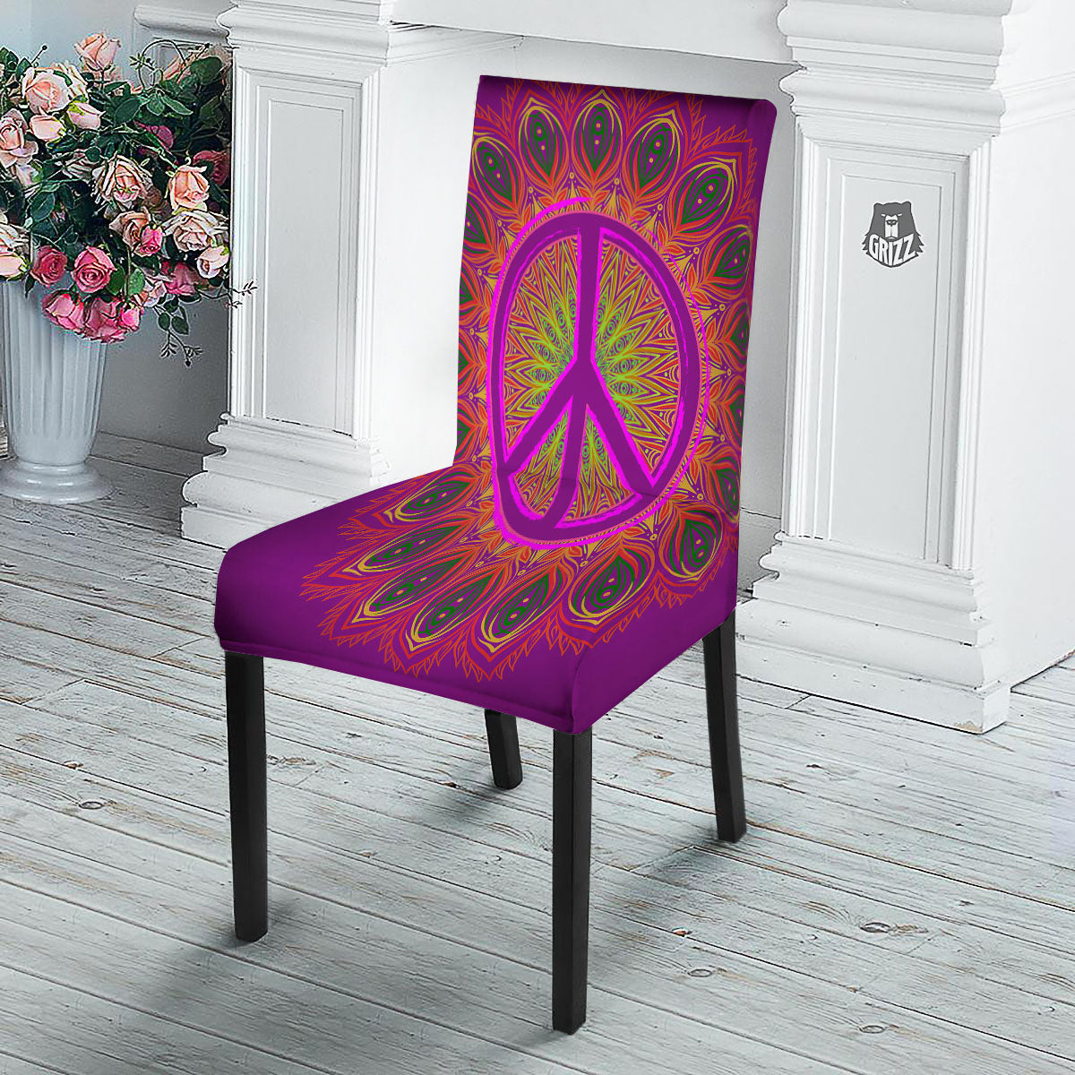 Peace Sign Psychedelic Hippie Print Dining Chair Slipcover-grizzshop