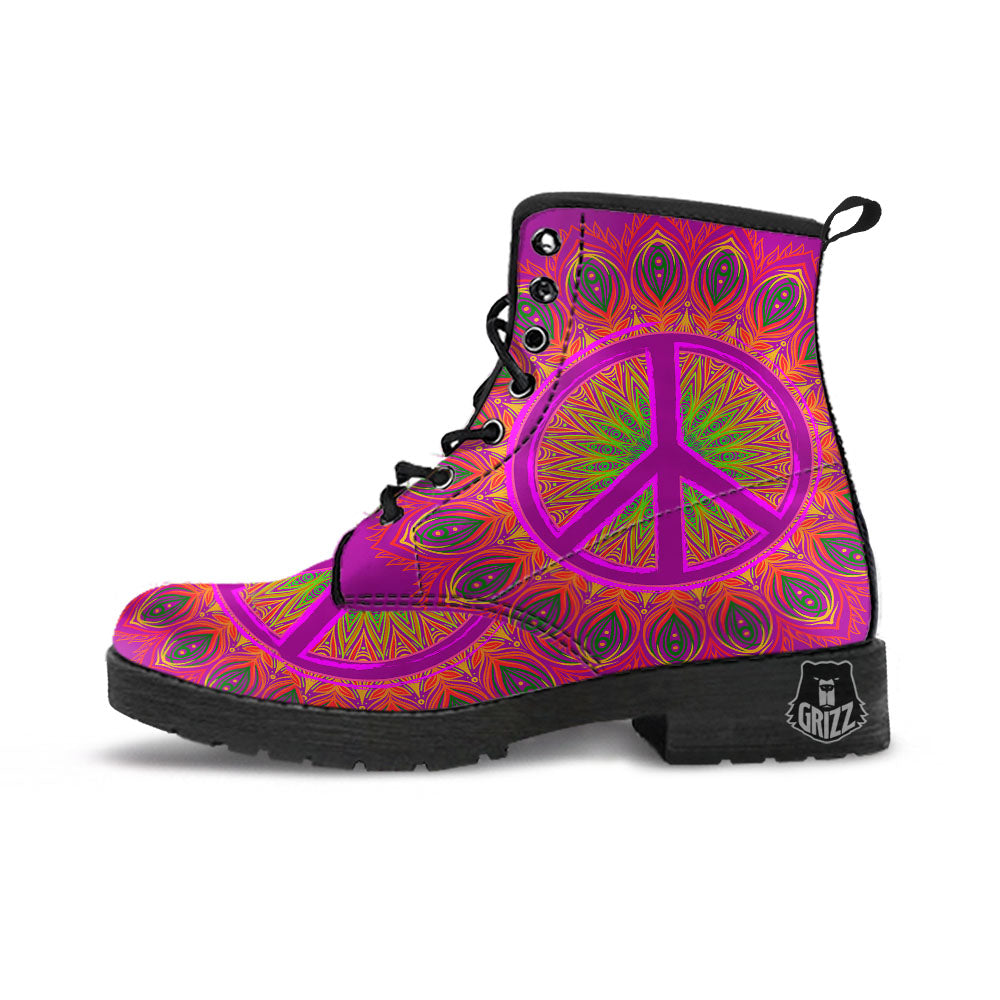 Peace Sign Psychedelic Hippie Print Leather Boots-grizzshop