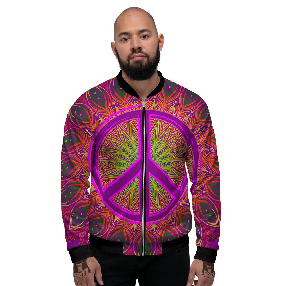 Peace Sign Psychedelic Hippie Print Men's Bomber Jacket-grizzshop
