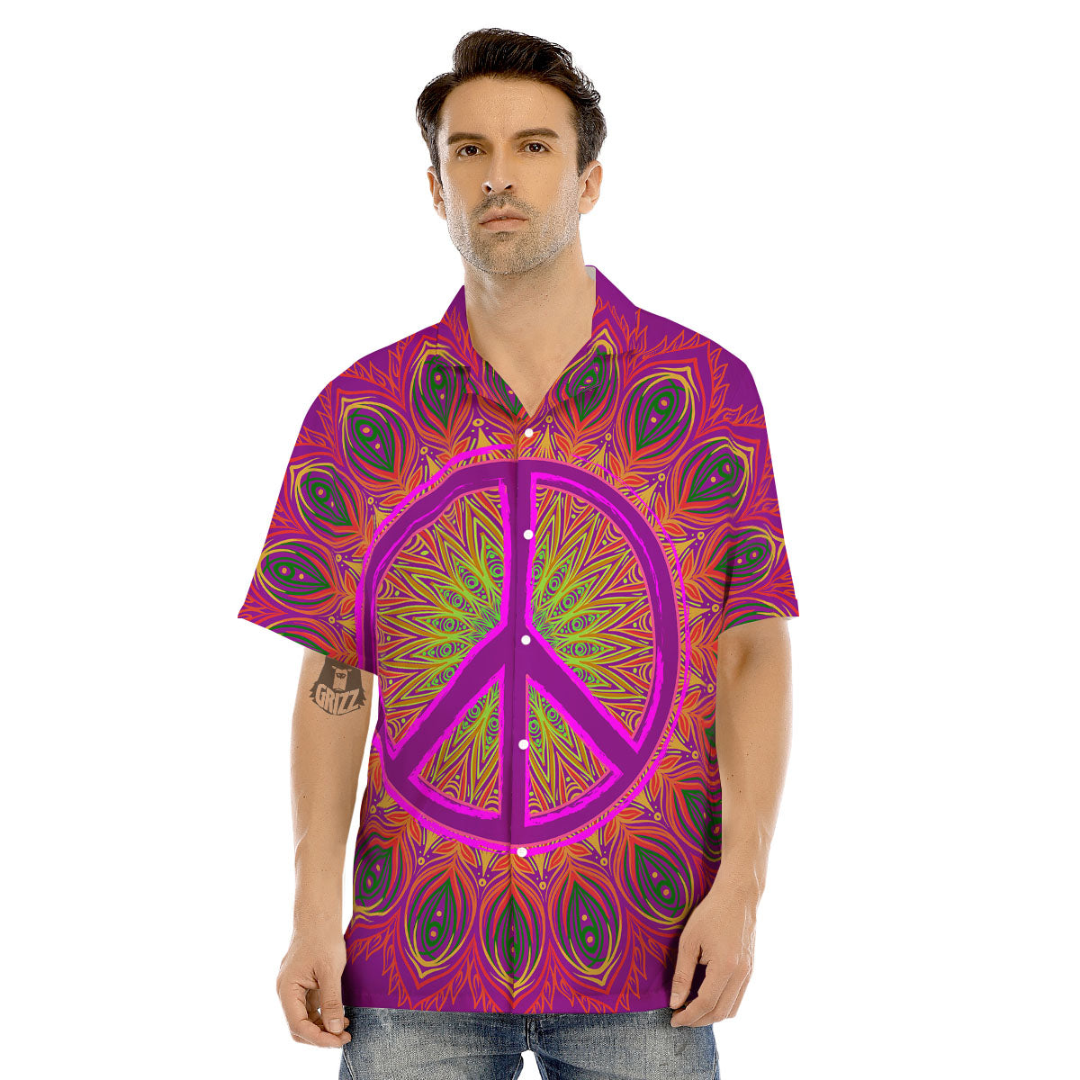 Peace Sign Psychedelic Hippie Print Men's Hawaiian Shirt-grizzshop