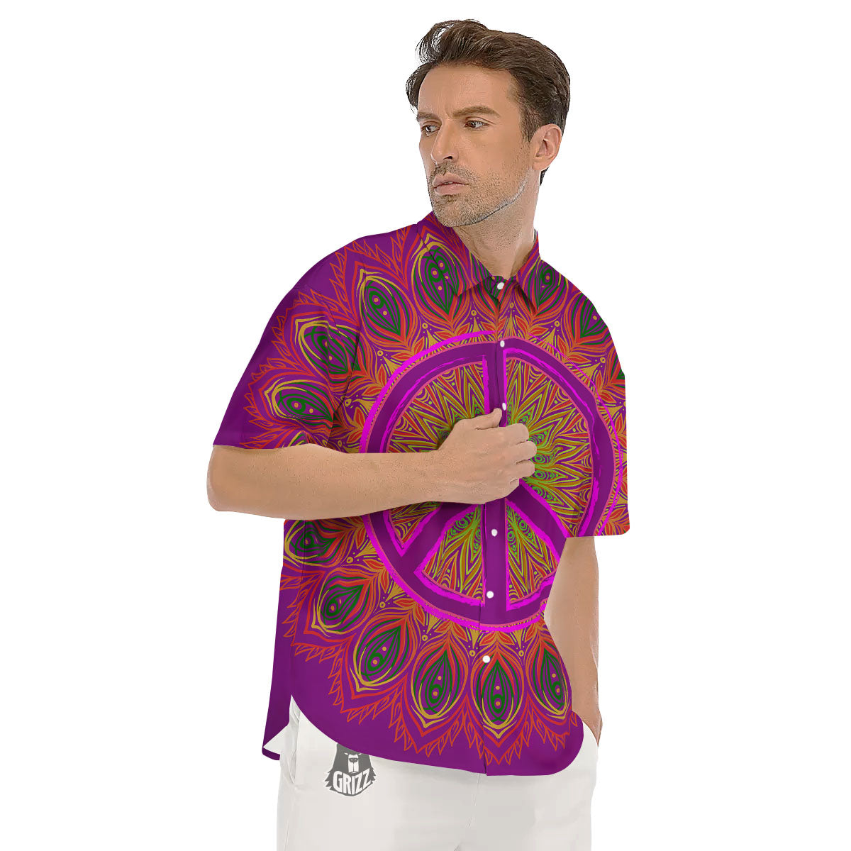 Peace Sign Psychedelic Hippie Print Men's Short Sleeve Shirts-grizzshop