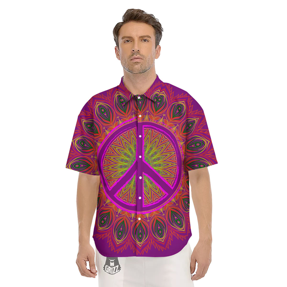 Peace Sign Psychedelic Hippie Print Men's Short Sleeve Shirts-grizzshop
