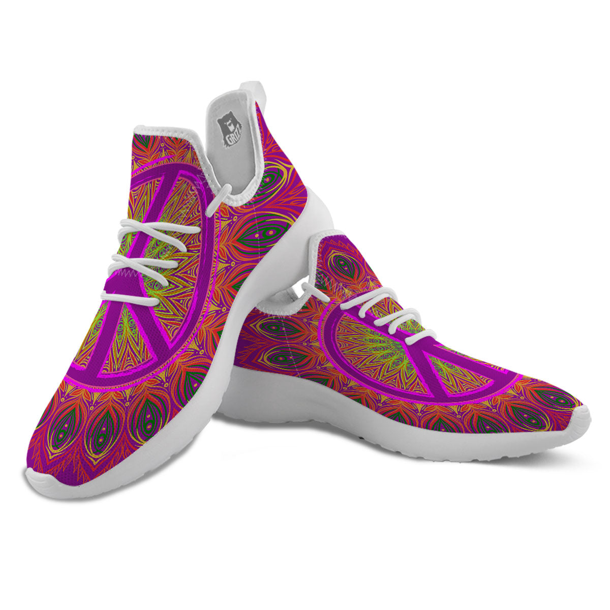 Peace Sign Psychedelic Hippie Print White Athletic Shoes-grizzshop