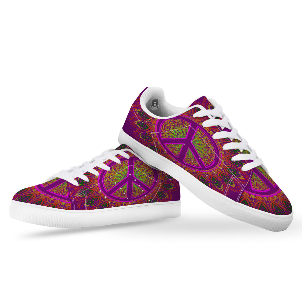 Peace Sign Psychedelic Hippie Print White Low Top Sneakers-grizzshop