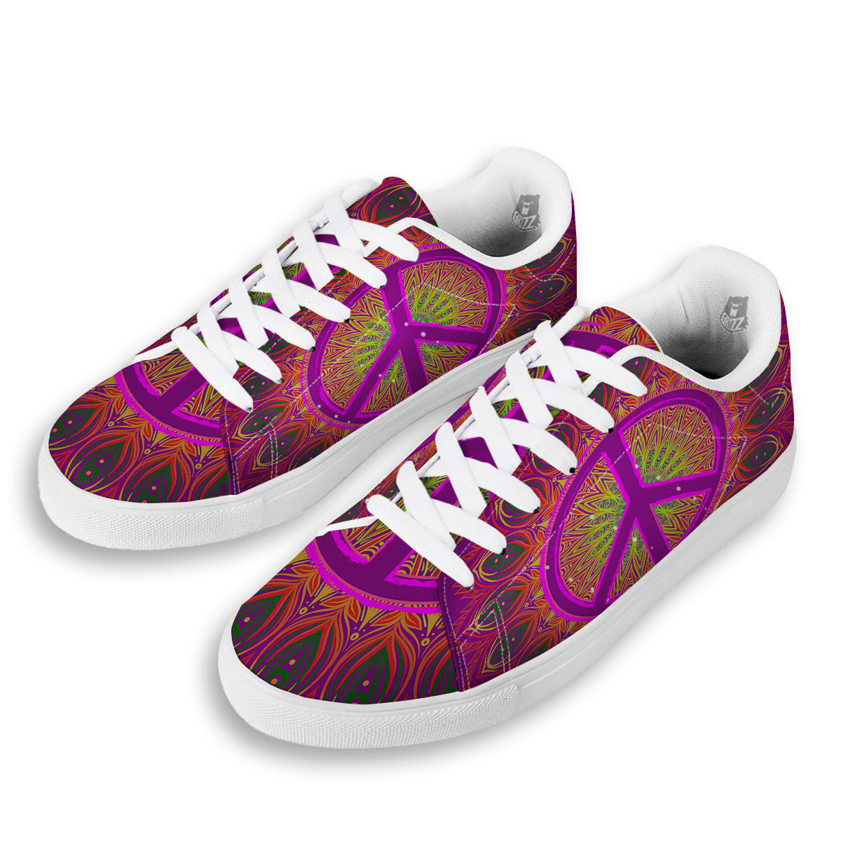 Peace Sign Psychedelic Hippie Print White Low Top Sneakers-grizzshop