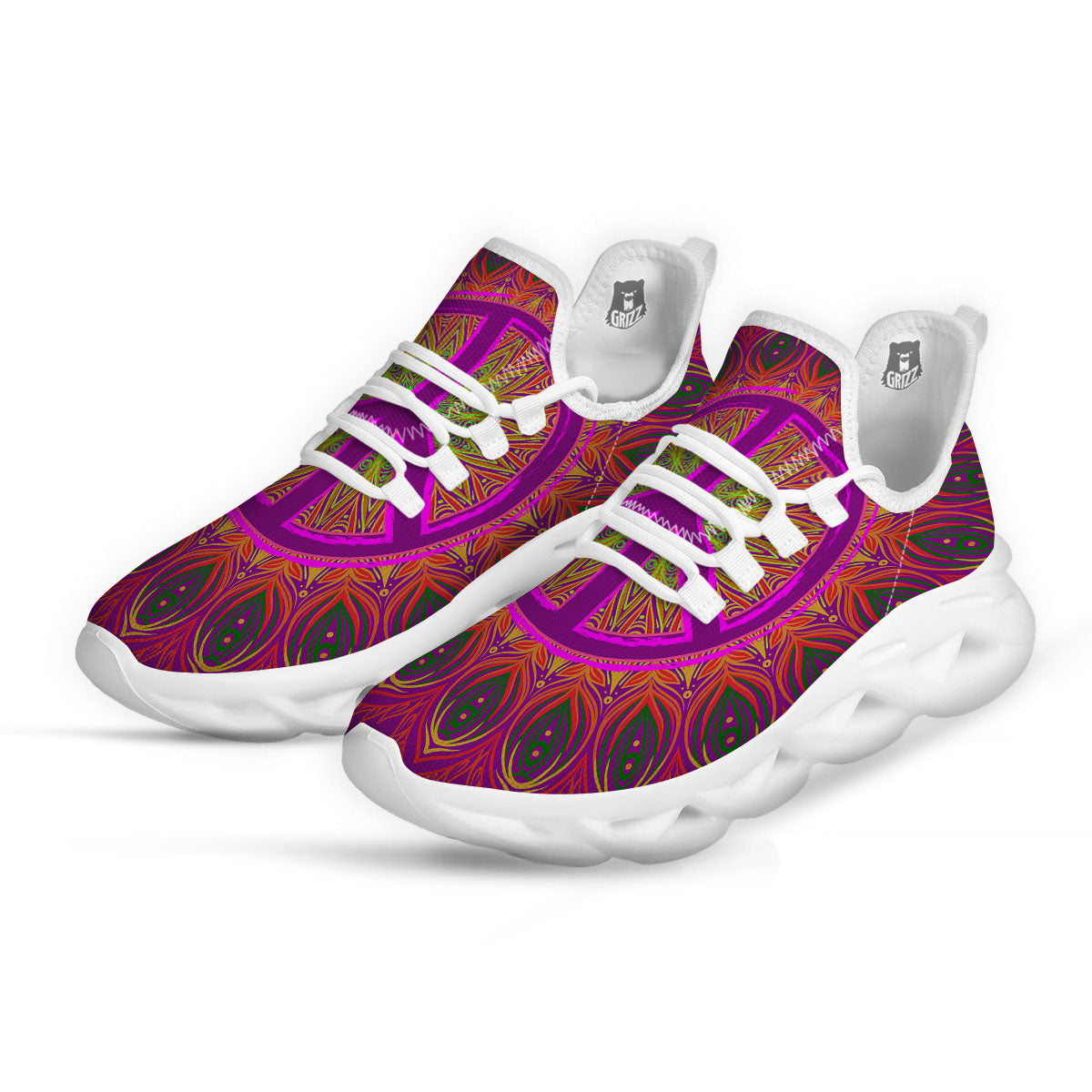 Peace Sign Psychedelic Hippie Print White Running Shoes-grizzshop