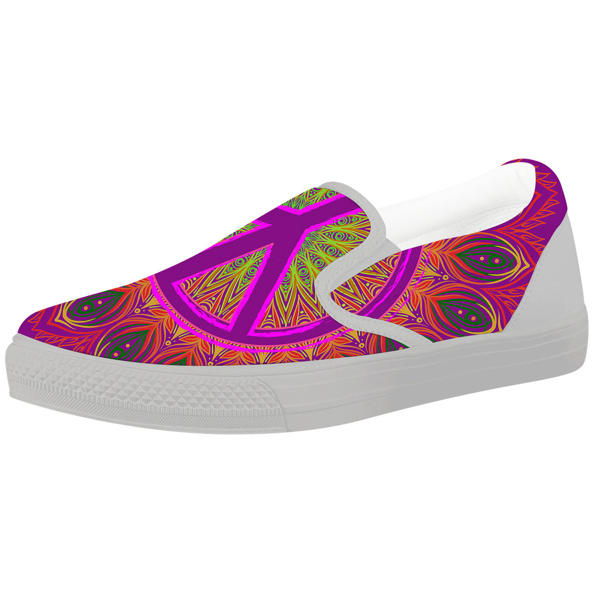 Peace Sign Psychedelic Hippie Print White Slip On Shoes-grizzshop