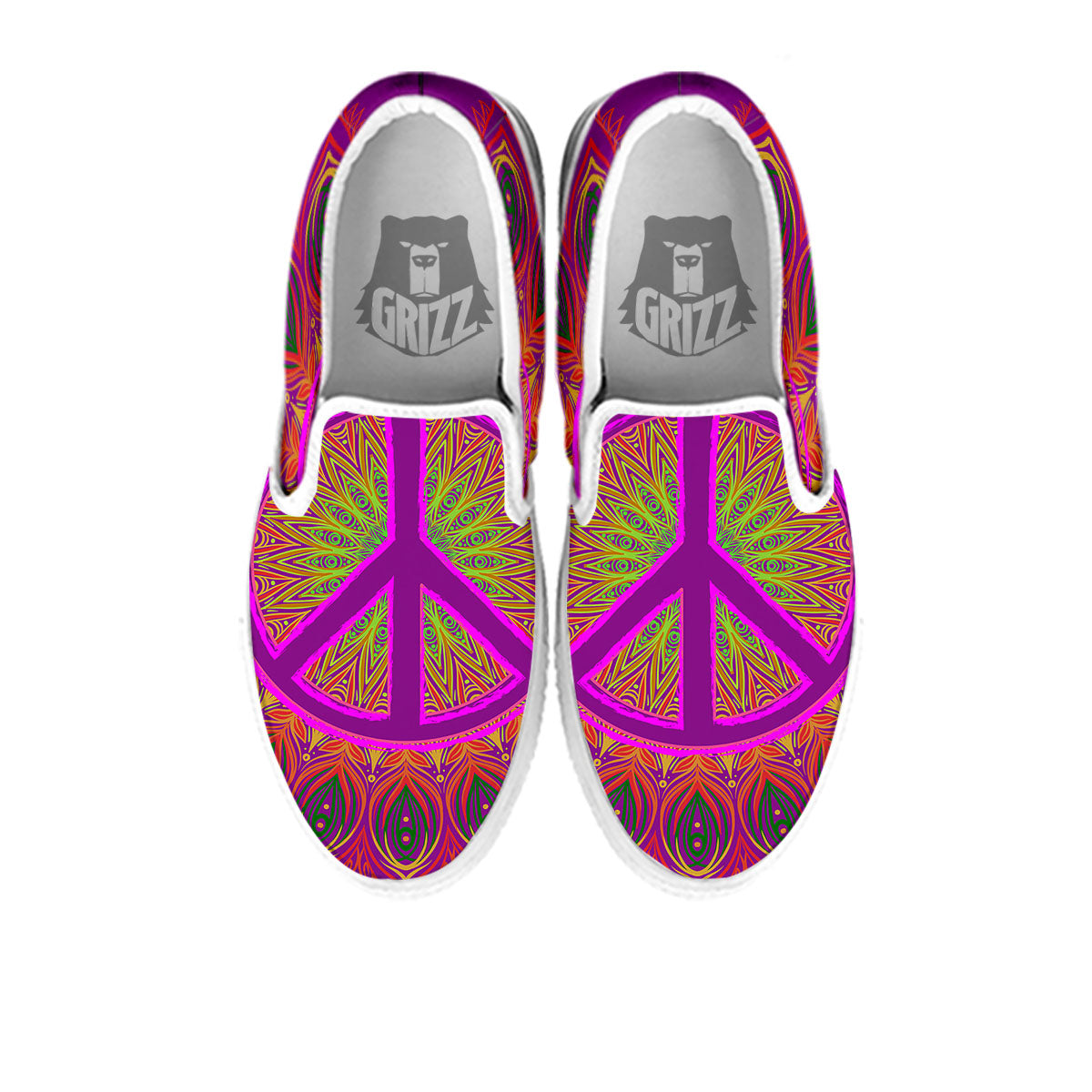 Peace Sign Psychedelic Hippie Print White Slip On Shoes-grizzshop