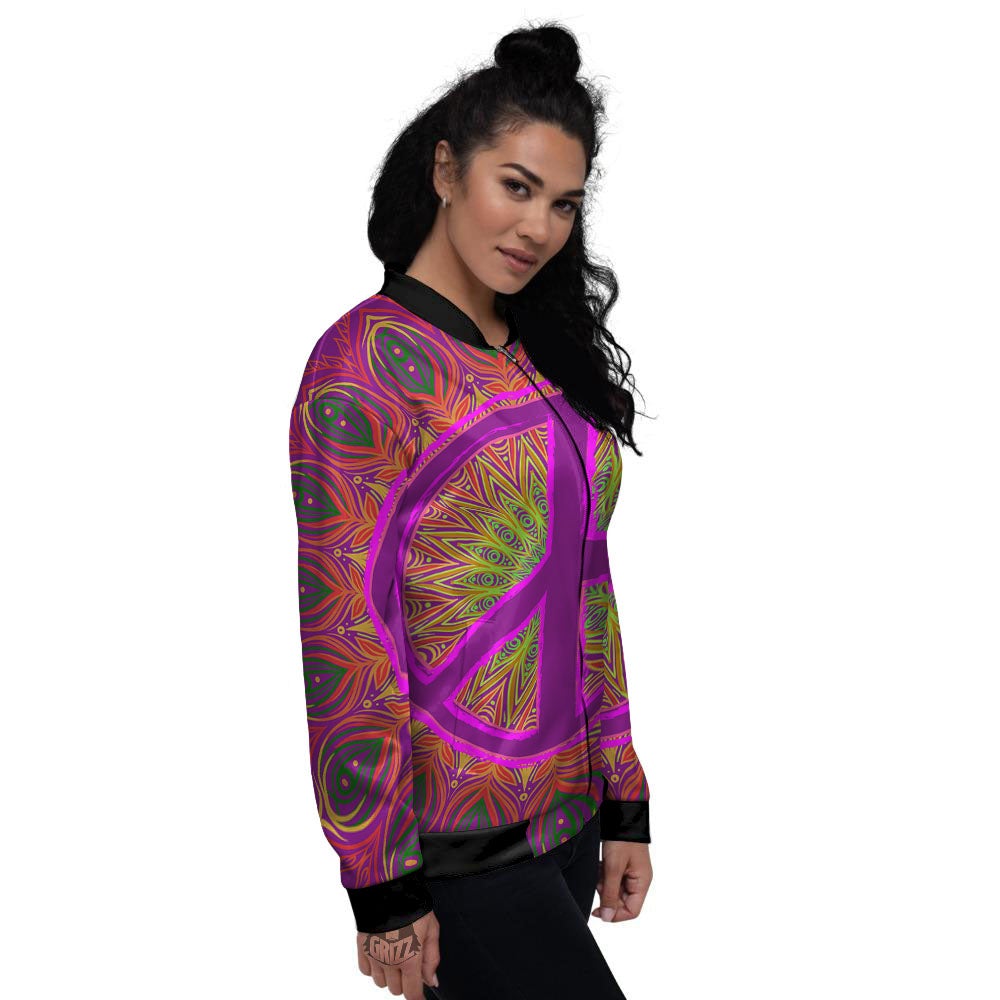 Peace Sign Psychedelic Hippie Print Women's Bomber Jacket-grizzshop