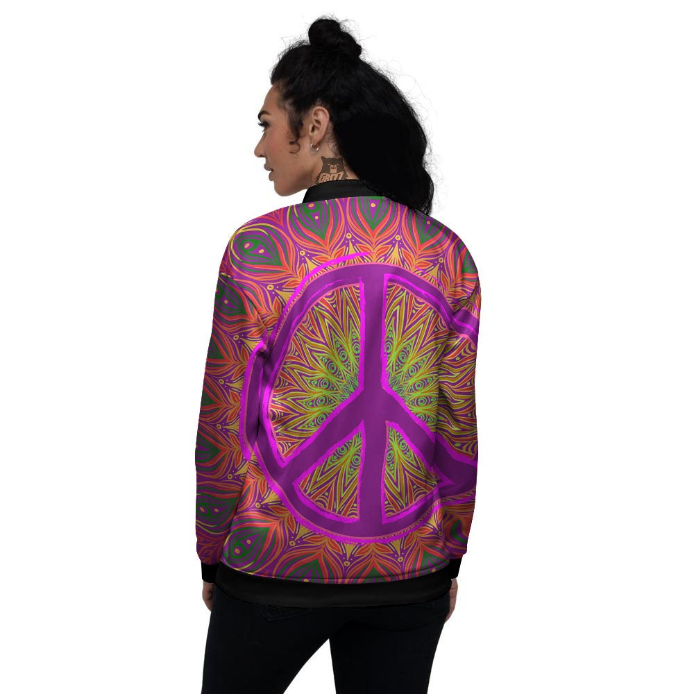 Peace Sign Psychedelic Hippie Print Women's Bomber Jacket-grizzshop