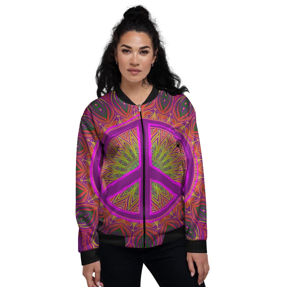 Peace Sign Psychedelic Hippie Print Women's Bomber Jacket-grizzshop