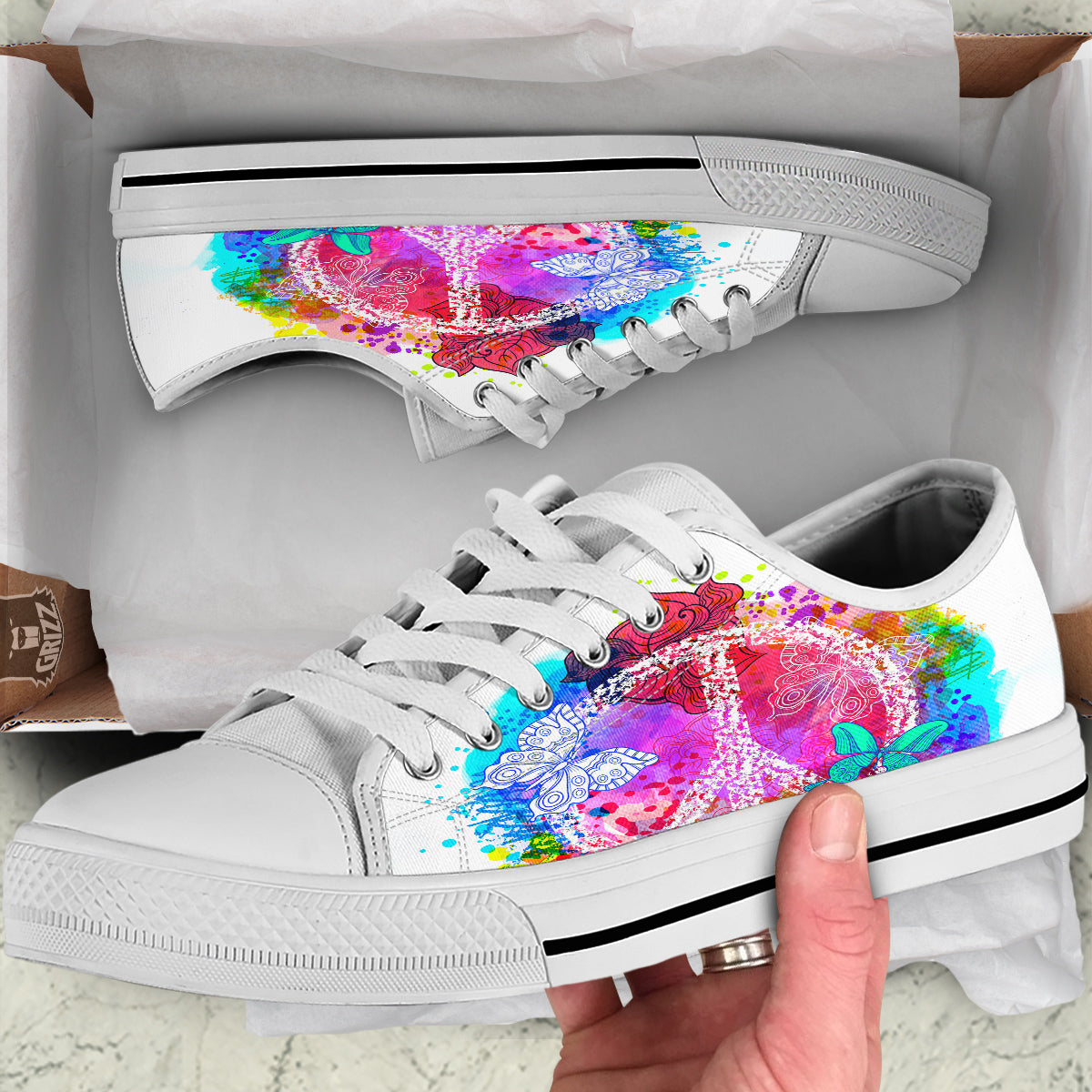 Peace Signs Colorful Hippie Print White Low Top Shoes-grizzshop