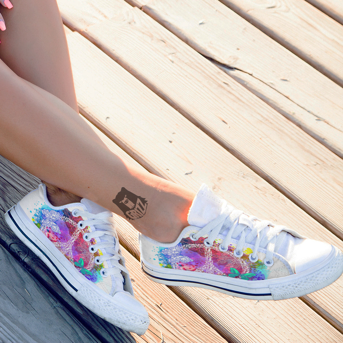 Peace Signs Colorful Hippie Print White Low Top Shoes-grizzshop