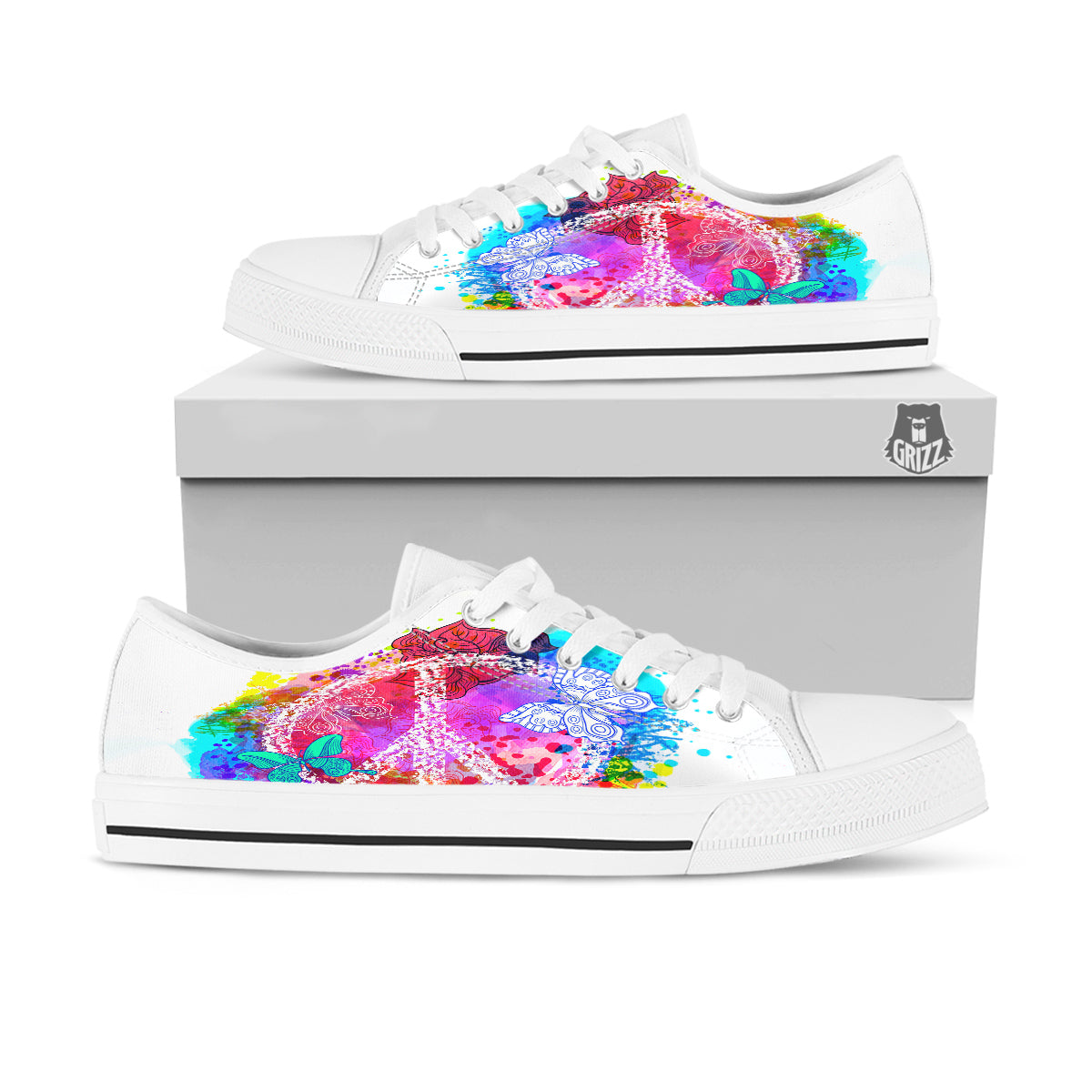 Peace Signs Colorful Hippie Print White Low Top Shoes-grizzshop