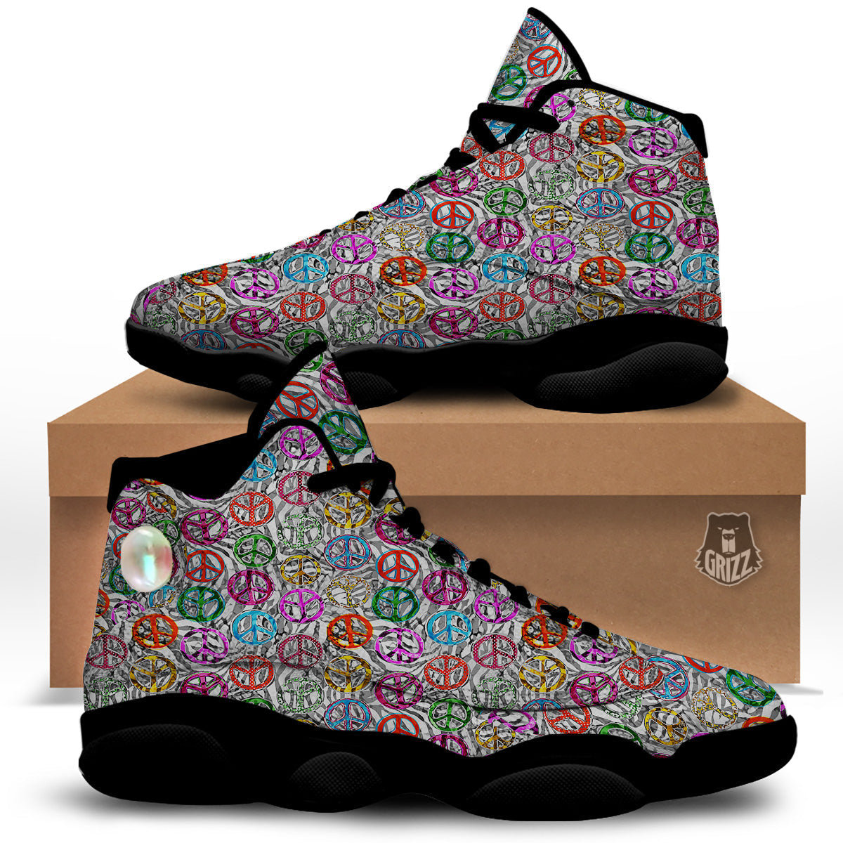 Peace Signs Zebra Print Pattern Black Basketball Shoes-grizzshop