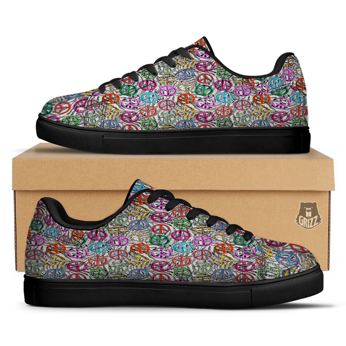 Peace Signs Zebra Print Pattern Black Low Top Sneakers-grizzshop